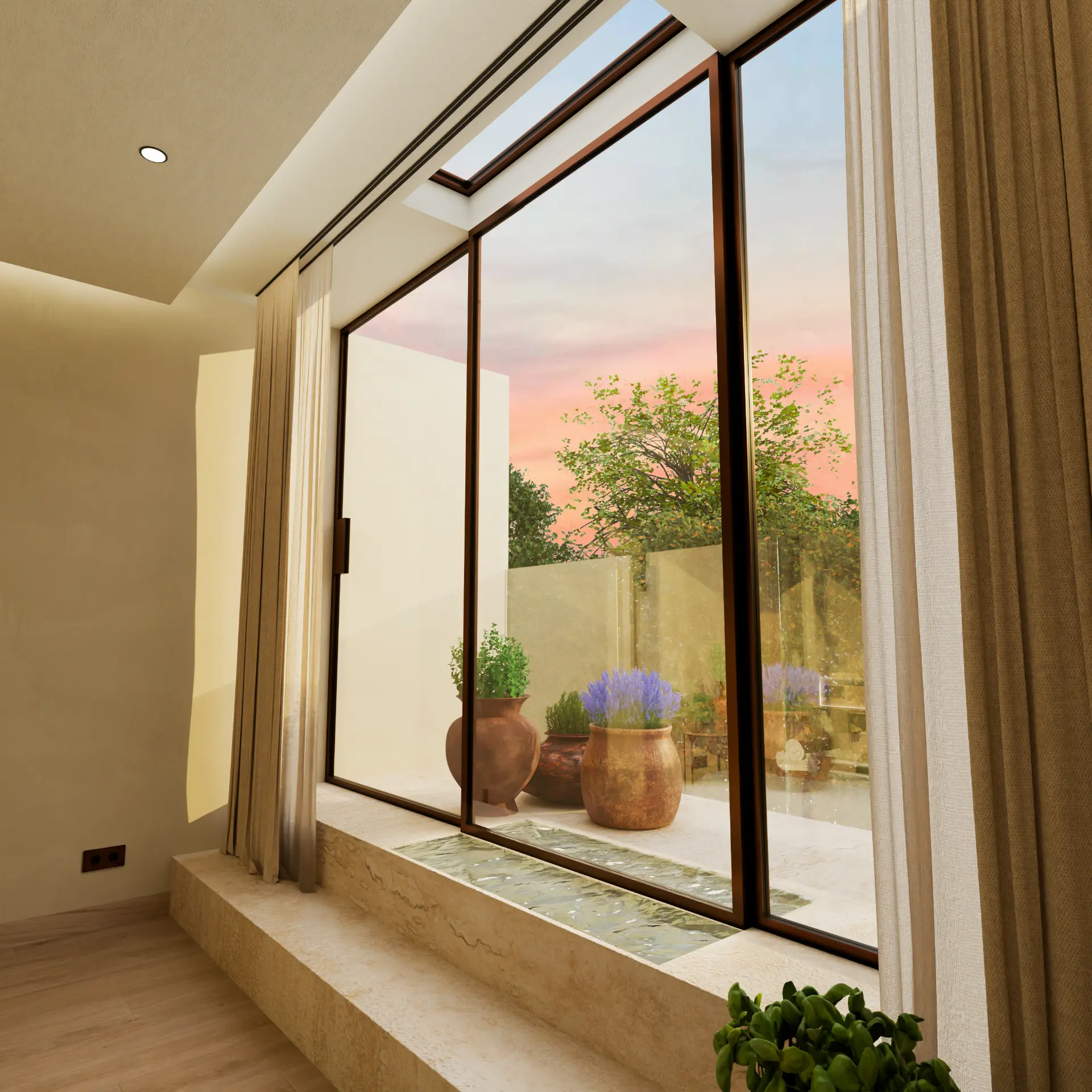 Render della zona living con affaccio sul terrazzo al tramonto