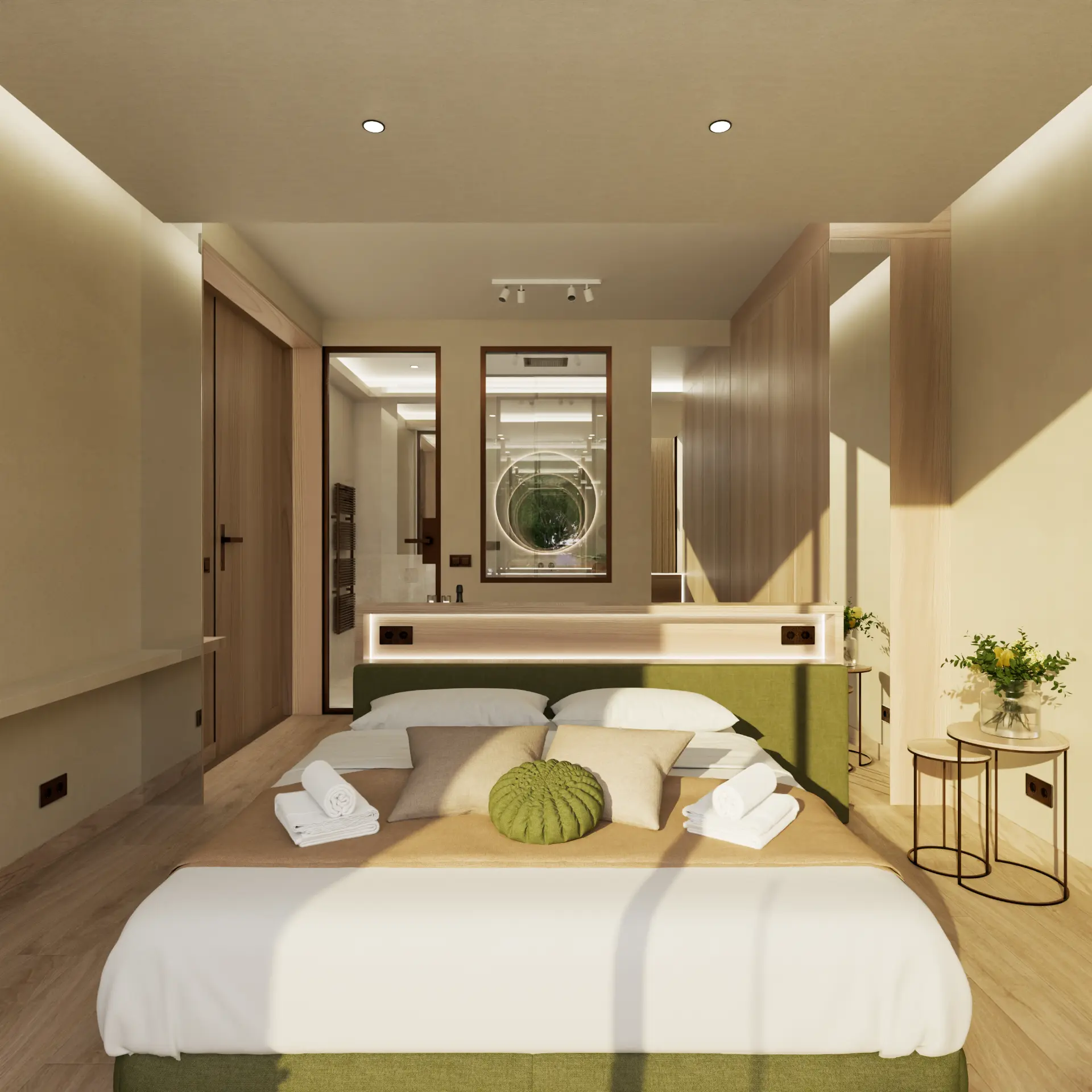 Render della camera d'albergo con letto e testata luminosa