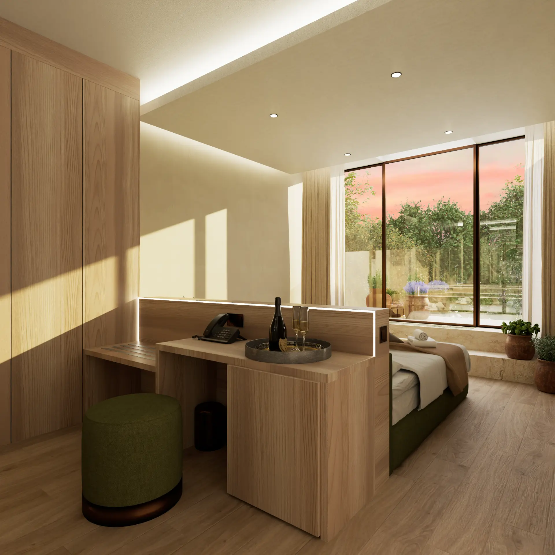 Render della zona scrivania con armadiatura in legno