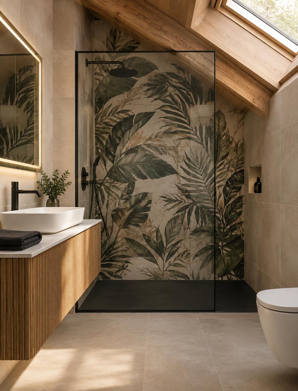 Bagno mansardato con doccia nera e rivestimento tropicale
