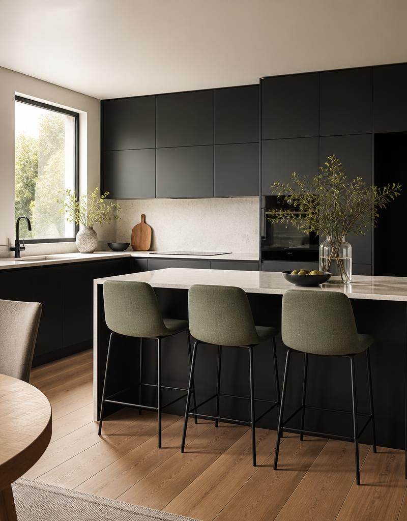 Cucina nera luminosa con isola e sgabelli verde salvia