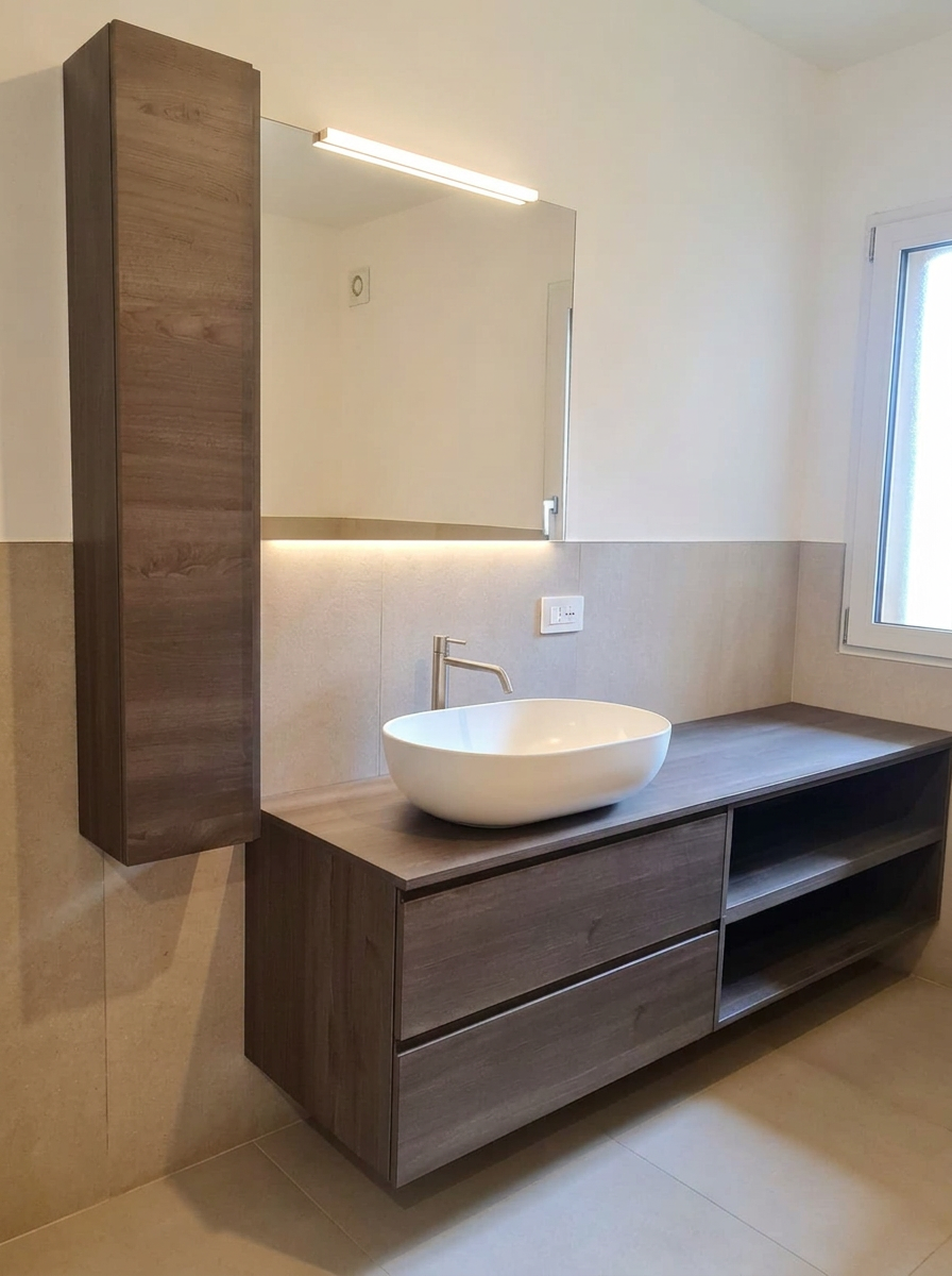 Bagno ristrutturato con mobile sospeso e lavabo da appoggio