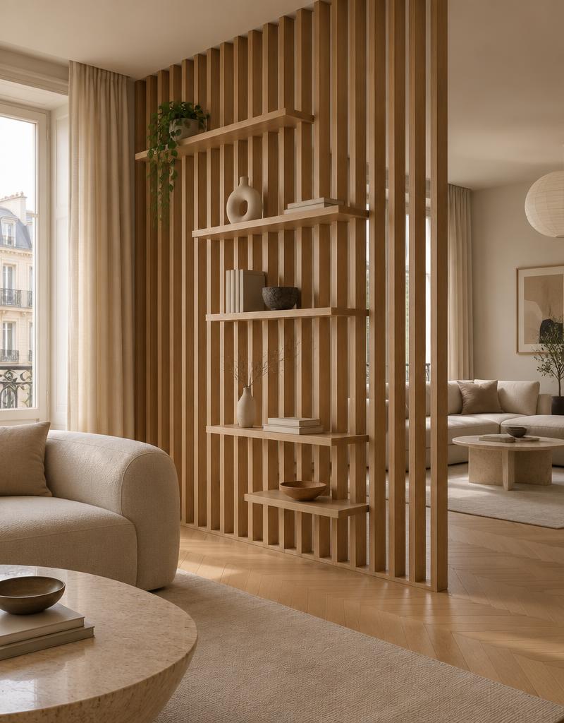 Parete divisoria a listelli verticali in legno con mensole e accessori integrati